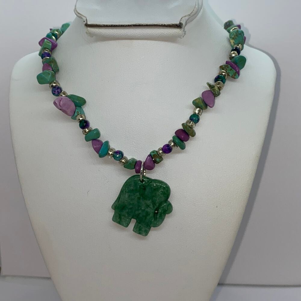 Girls Handmade Rock Beaded Green Elephant Necklace